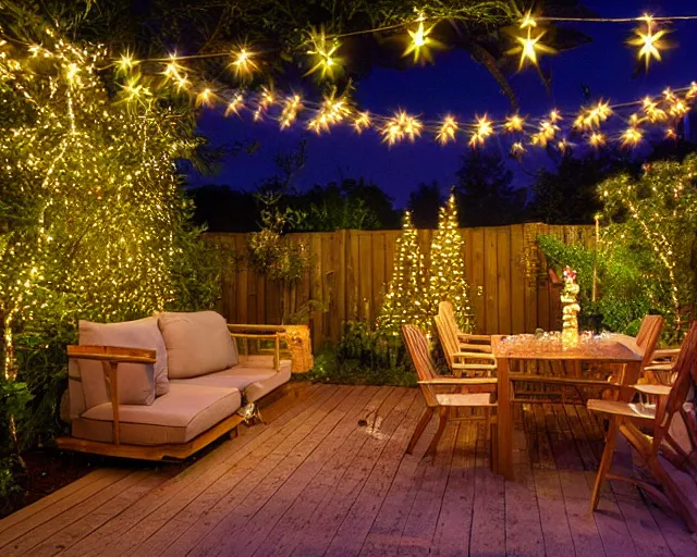 Image similar to a still photo of a backyard at night with fairy lights, house terrace on the side, warm lighting