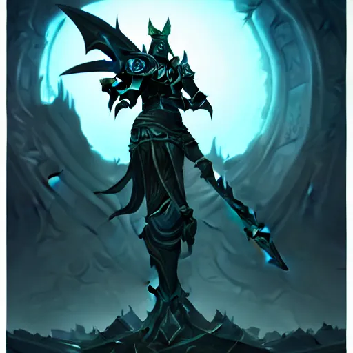 Image similar to The blade of the ruined king, digital illustration, futuristic statues, glow in the dark, ethereal, the void, ominous background, very detailed, stylized, concept art, trending on artstation, high definition, by Riot Games, League of legends