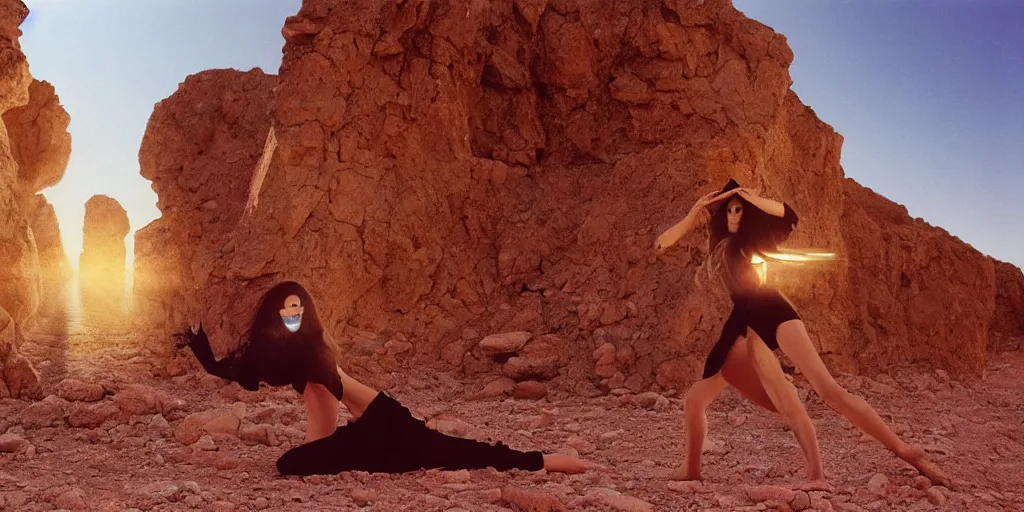 Image similar to levitating woman with full - face golden mask in a dry rocky desert landscape, visible sky and sunny atmosphere, fata morgana and giant mirrors by alejandro jodorowsky, anamorphic lens, kodakchrome, practical effects, masterpiece, 8 k