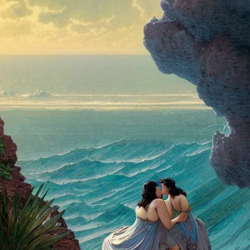 Prompt: a stunning 3 d rendered landscape of two thicc and voluptuous women in gossamer blue dresses sitting on a cliff face in the rain watching the sunrise over the ocean, turbulent ocean in the background, intricate, elegant, highly detailed, artstation, ultra sharp focus, octane render, volumetric lighting, god rays, art by jugendstil and alphonse mucha