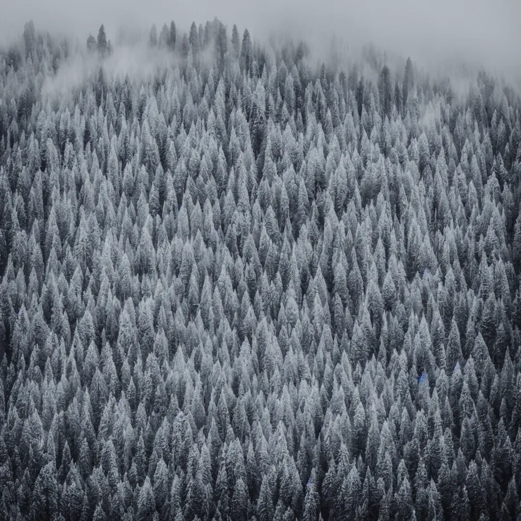 Image similar to monochrome and eerie photograph of misty forests and snow topped mountains