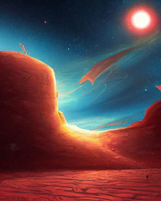 Prompt: ancient space ship, desert planet, cinematic, stars, galaxy, colorful sky, highly detailed, scifi, intricate digital painting, sunset, red glow, illustration, artstation