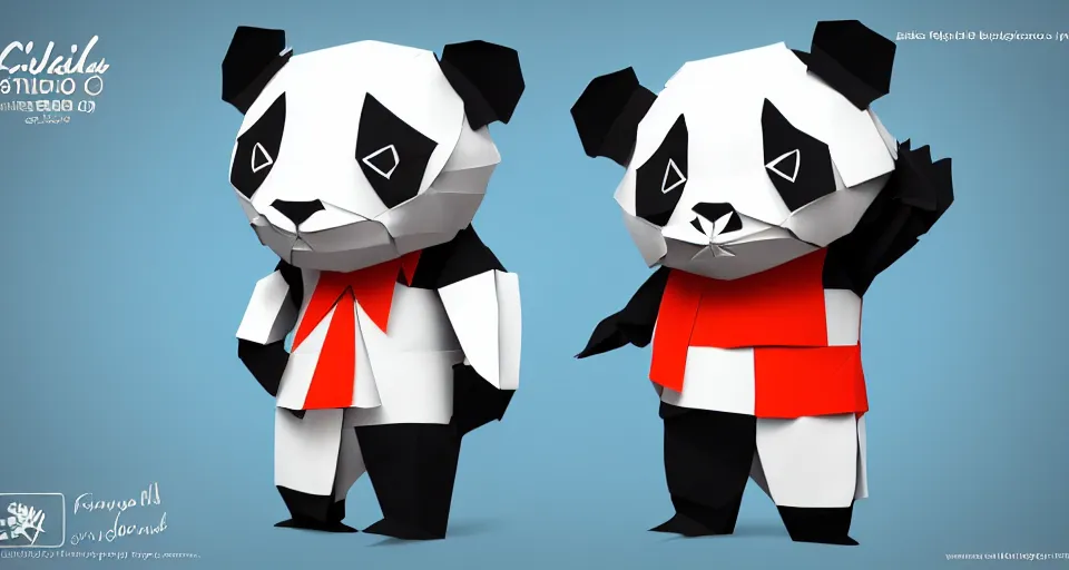 Image similar to realistic full body seen of one big cute chibi panda made of origami, intricate details, origami studio 3 design, toon boom render