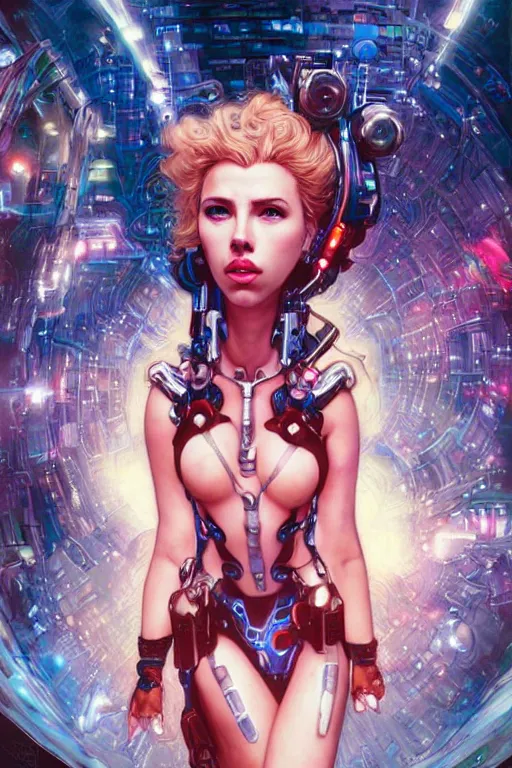 Image similar to celestial cyberpunk scarlett johansson with cybernetic implants emerging from the big bang, by artgerm and yoshitaka amano and moebius and alphonse mucha, hyperdetailed, dc comics, ornate, nebula, explosions in the sky, trending on artstation