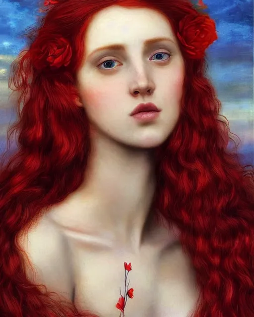 Prompt: a woman with long red hair and a flower in her hair, a photorealistic painting by Carla Wyzgala, pinterest, pre-raphaelitism, pre-raphaelite, enchanting, chiaroscuro