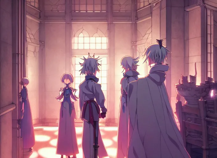 Image similar to key anime visual portrait of the interior of a castles throne room, servants, dynamic pose, cinematic, film grain, designed by yoh yoshinari but drawn by range murata, detailed, intricate, at night, dramatic lighting