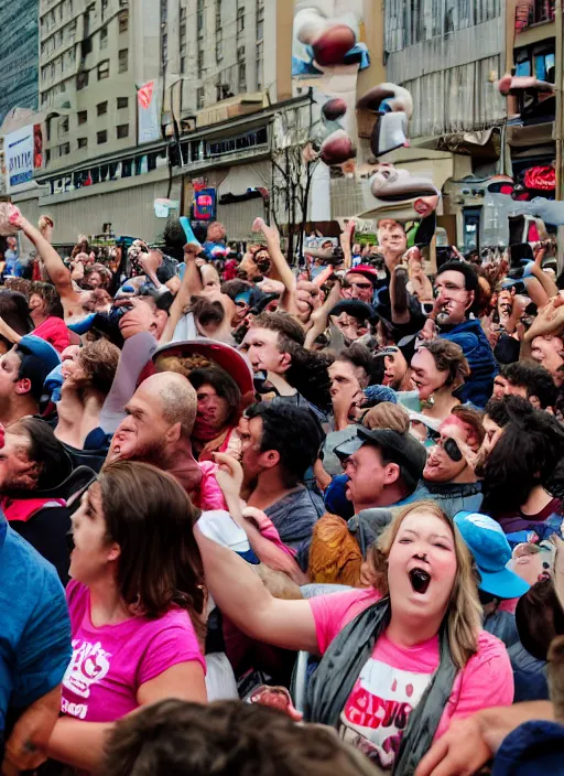 Prompt: crowd of tired citizens carrying a humongous bigmac over their heads, DSLR 35mm