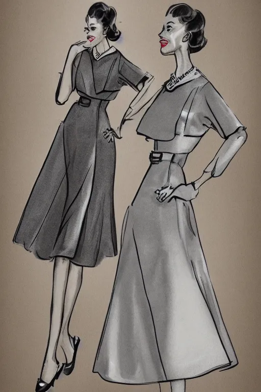 Prompt: a detailed fashion illustration of a 5 0 s hostess outfit
