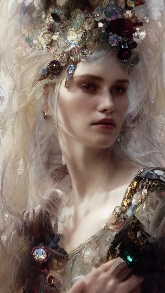 Prompt: a highly detailed beautiful white haired woman, adorned with precious stones, by jeremy mann and alphonse mucha 4 k resolution, trending on artstation, very very detailed, masterpiece, stunning,