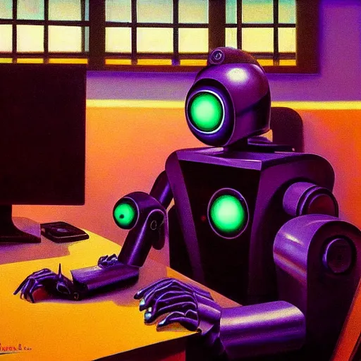 Prompt: a mesmerized robot with large glowing eyes staring at a computer screen, portrait, pj crook, grant wood, edward hopper, syd mead, chiaroscuro, oil on canvas