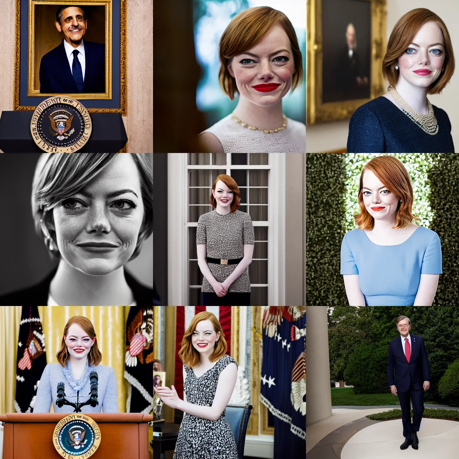 Prompt: portrait photo of president emma stone, photo by pete souza, 8 5 mm f / 1. 4