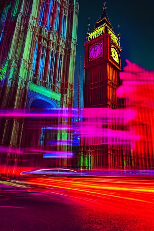 Prompt: neon streets of london big ben, 4 k, award winning photo