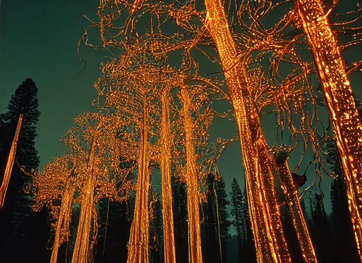 Image similar to a 2 8 mm macro kodachrome photo of ornate mechanical metallic trees with glowing lights and twisted electric wires in yosemite national park in the 1 9 5 0's, seen from a distance, bokeh, canon 5 0 mm, cinematic lighting, film, photography, golden hour, depth of field, award - winning, cyberpunk, neon