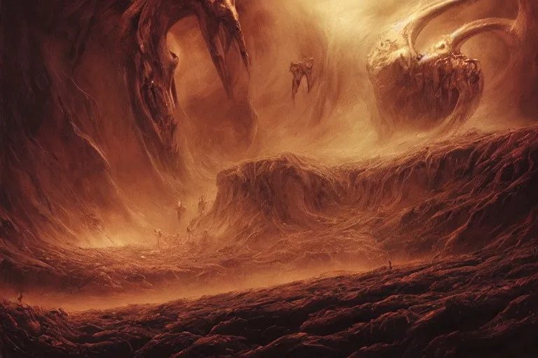 Image similar to fortress of hell, the seventh seal flung open, the horseman of the apocalypse ride, maelstrom, gehenna, chaos, the world without form and void, amazing concept painting by Jessica Rossier and HR giger and Beksinski