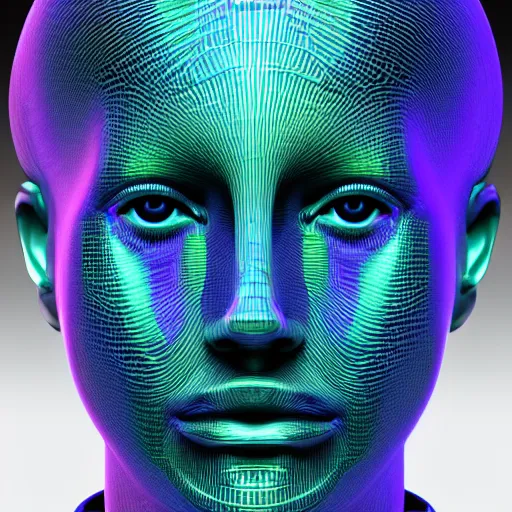 Prompt: topographic lines create a 3d render of holographic human robotic head made of glossy iridescent, surrealistic 3d illustration of a human face non-binary, non binary model, 3d model human, cryengine, made of holographic texture, holographic material, holographic rainbow, concept of cyborg and artificial intelligence, topographic lines