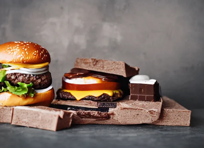 Prompt: dslr food photograph of burger with marshmallows and a chocolate bar in it, 8 5 mm f 1. 8