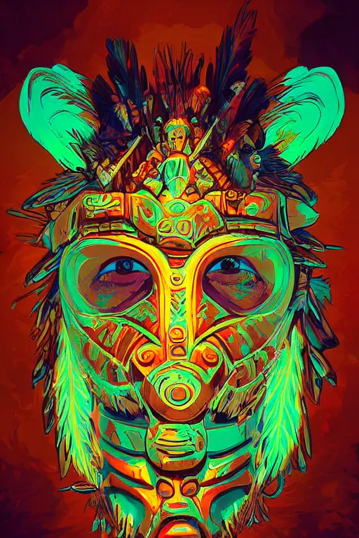 Image similar to totem animal tribal chaman vodoo mask feather gemstone plant wood rock video game illustration vivid color borderlands by josan gonzales and dan mumford radiating a glowing aura