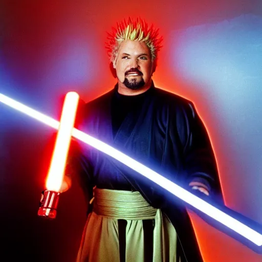 Image similar to Guy Fieri in Star Wars, Jedi Knight, blue light saber, desaturated!!!!, cinematic, cinestill 400t film, 35mm lens, by Stanly Kubrick, ultra high quality
