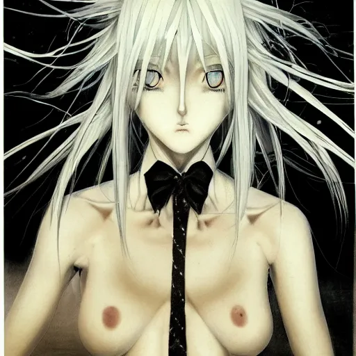 Image similar to Yoshitaka Amano realistic illustration of an anime girl with white hair and cracks on her face wearing dress suit with tie fluttering in the wind, abstract black and white patterns on the background, noisy film grain effect, highly detailed, Renaissance oil painting, weird portrait angle