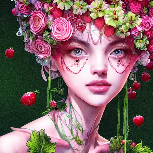 Image similar to the portrait of an absurdly beautiful, graceful, elegant, young woman made of strawberries and green petals shy, an ultrafine hyperdetailed illustration by kim jung gi, irakli nadar, intricate linework, bright colors, octopath traveler, final fantasy, angular, unreal engine 5 highly rendered, global illumination, radiant light, detailed and intricate environment