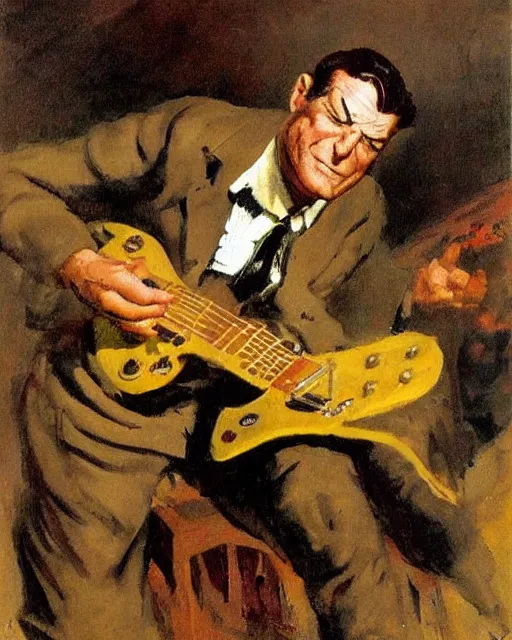 Image similar to Snake Oil salesman shredding on a Gibson Les Paul in a snake oil warehouse, painting by Frank Frazetta