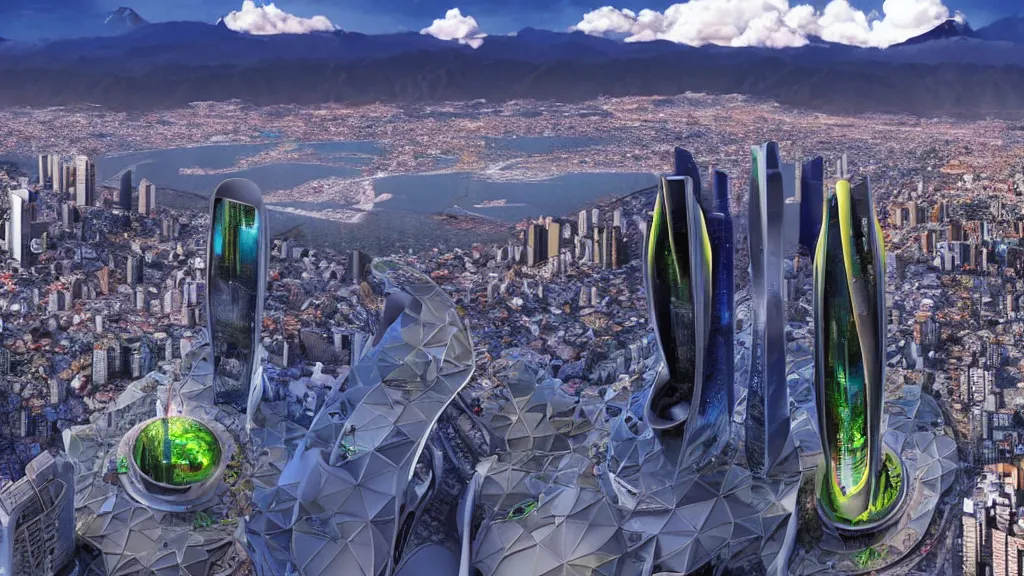 Image similar to Optimistic Nucleur filled vision of futuristic Quito, Ecuador; by Oswaldo Moncayo and Vincent Callebaut; Art Direction by James Cameron; 4K, 12K