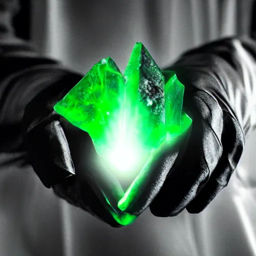 Image similar to a glowing shard of kryptonite held in an open black - gloved hand, pitch black background, glove dimly lit only by the green glow of the kryptonite