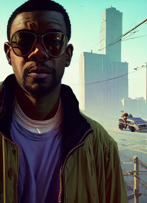 Image similar to Highly detailed portrait of Neonpunk Marques Brownlee, in GTA V, Stephen Bliss, unreal engine, fantasy art by Greg Rutkowski, Loish, Rhads, ferdinand knab, Makoto Shinkai and Lois van baarle, ilya kuvshinov, rossdraws, Tom Bagshaw, global illumination, radiant light, detailed and intricate environment