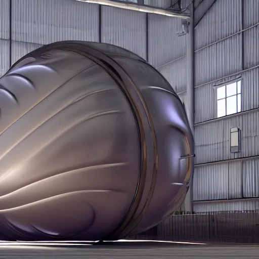 Image similar to big metallic capsule connected to pipelines, purpose is pump, standing in large industrial hall, designed by best engineers, raytracing, reflections