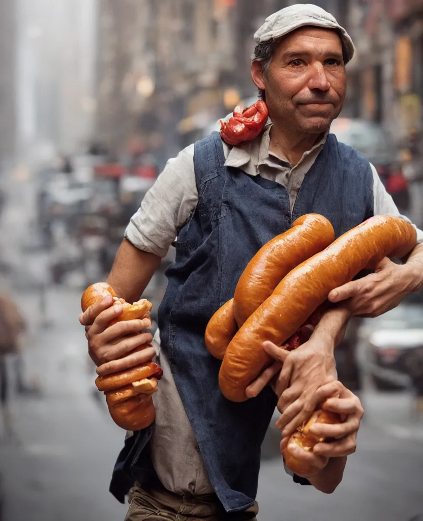 Image similar to closeup portrait of a man carrying a giant hotdog on his shoulder in a smoky new york back street, by Annie Leibovitz and Steve McCurry, natural light, detailed face, CANON Eos C300, ƒ1.8, 35mm, 8K, medium-format print