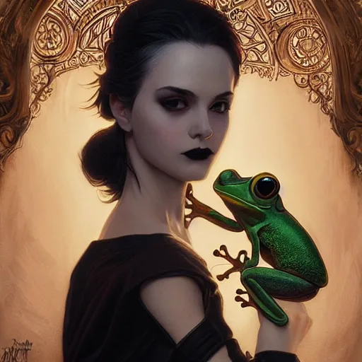 Image similar to attractive goth woman with a frog, intricate, highly detailed, digital painting, artstation, concept art, smooth, sharp focus, illustration, unreal engine 5, 8 k, art by artgerm and greg rutkowski and alphonse mucha