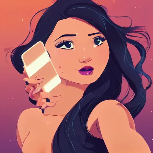 Image similar to beautiful curvy woman with long black hair, tanned skin, taking a selfie. clean cel shaded vector art. shutterstock. behance hd by lois van baarle, artgerm, helen huang, by makoto shinkai and ilya kuvshinov, rossdraws, illustration,