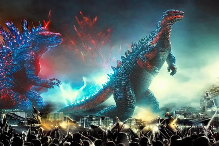 Image similar to godzilla playing the drumset, sitting on the drums, godzilla drummer, rock music, concert lights, in the middle of tokyo, dynamic photo, still shot from the new godzilla movie