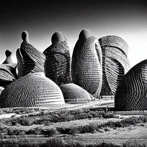 Image similar to old photograph from a strange alien city, organic buildings, black and white