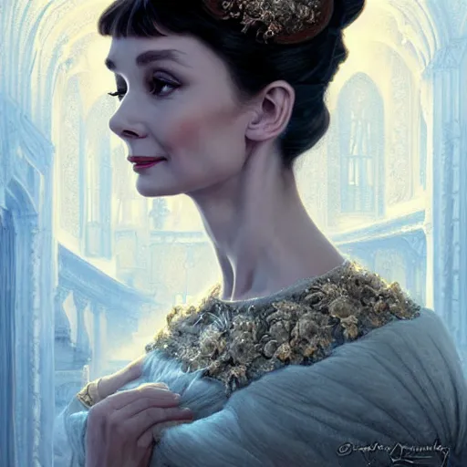 Image similar to audrey hepburn in an epic victorian novel, inside an ornate castle, intricate, elegant, highly detailed, digital painting, artstation, matte, illustration, art by artgerm, greg rutkowski, loish, rhads, ferdinand knab, makoto shinkai, lois van baarle, ilya kuvshinov, rossdraws, tom bagshaw