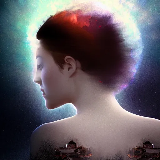 Image similar to double exposure portrait of a beautiful short dark haired feminine queen looking away, over the desertic city of a thousand temples, by leonard de vinci, digital art