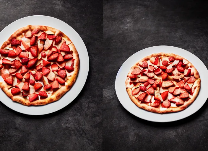 Image similar to A delicious plate of a big pizza with strawberries on, extra cheese, close up food photography, studio lighting, Sigma 35mm f/1.4