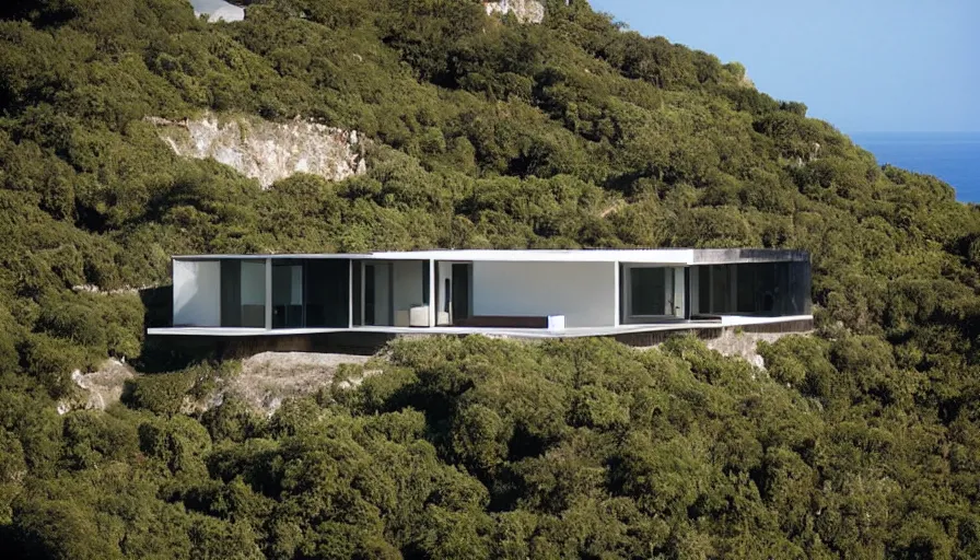 Image similar to modern house perched on a cliff overlooking a magnificient bay, drawing architecture, pritzker architecture prize, greig fraser