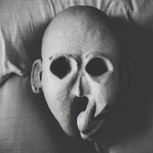 Prompt: “A disfigured man lying in bed. The chest and head area are very strangely shaped, but there is a hole for a mouth and a nose. In the mouth there are teeth and a tongue which moves. There are two eyes above the nose hole. The eyes dart back and forth.”