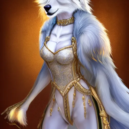 Image similar to commissioned full body portrait of a female anthro furry wolf headed princess fursona with white hair wearing a white and gold armored dress in a white and gold palace, by Wlop and jerry park, artstation, extremely detailed