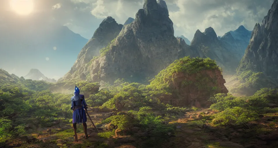 Image similar to An epic fantasy anime style landscape painting of an African mountain range, with a kenyan Mountainbiker and a blue umbrella, unreal 5, DAZ, hyperrealistic, octane render, dynamic lighting