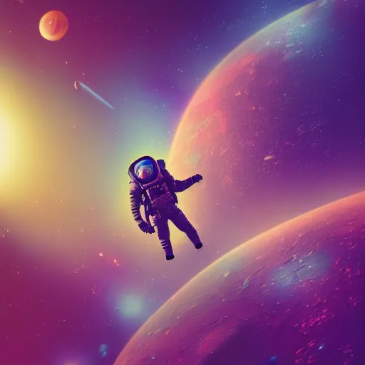 Image similar to A dieselpunk astronaut floating alone in deep space, lush vivid soft colors of sun set, hosing and backpack on suit, filigree planet in a stellar nebula, a small cyberpunk city in the distance , DSLR, HDR, octane render, 3d shading, cgsociety, Horde3d, ambient occlusion, volumetric lighting, ray tracing, 3dexcite, Zbrush, Substance Designer, behance HD, lightWave 3d, Ureal Engine , Monet painting by Kait Kybar