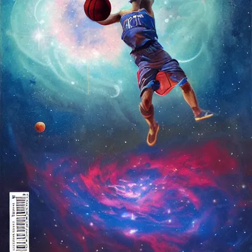 Image similar to cosmic basketball player dunking a basketball hoop in a nebula, an oil painting, by ( leonardo da vinci ) and greg rutkowski and rafal olbinski and ross tran, award - winning magazine cover