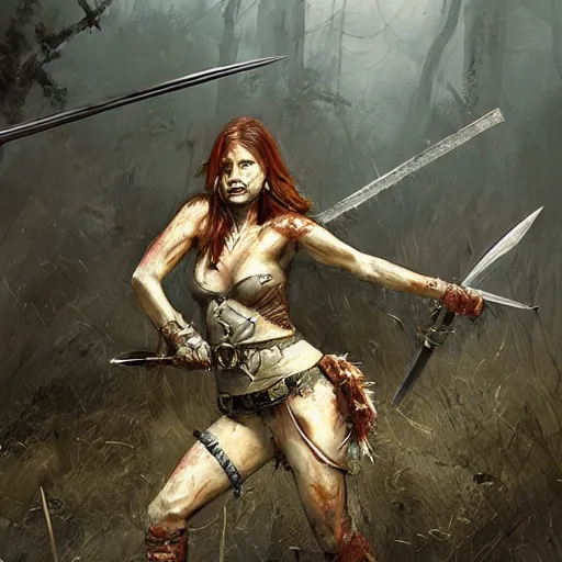 Image similar to a warrior woman with a stunning sword, dead zombie on ground, by craig mullins _ w 7 0 0