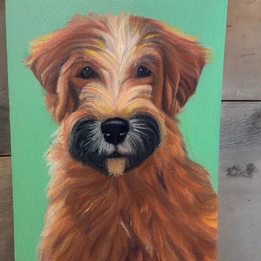 Image similar to a handsome portrait of an aussie doodle pup, oil on canvas, high budget