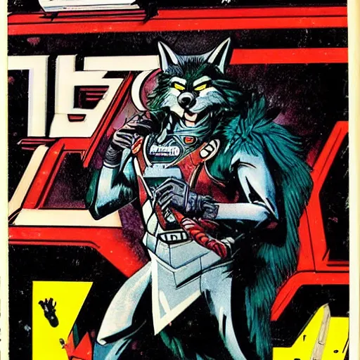 Image similar to 1 9 8 0 s comic book cover scan featuring a portrait of villain male wolf o'donnell anthropomorphic wolf furry fursona from starfox wearing a dark space mercenary uniform, dark grey wolf, handsome eyes, wolf o'donnell