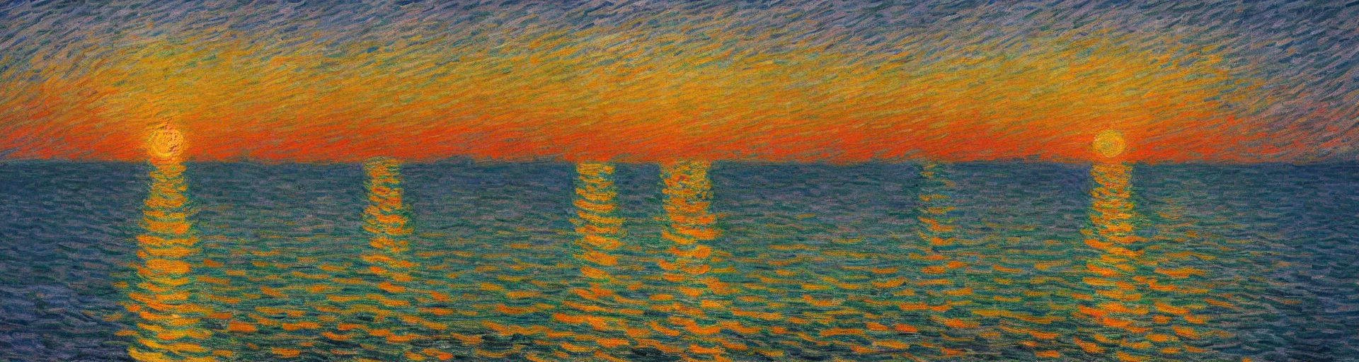 Image similar to An aesthetically pleasing, dynamic, energetic, lively, well-designed digital art of the ocean at sunset, light and shadow, by Claude Monet and Vincent Van Gogh, superior quality, masterpiece, excellent use of negative space. 8K, superior detail.
