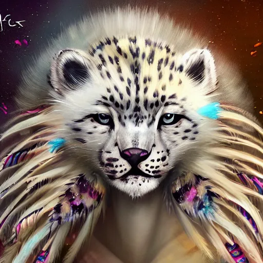 Prompt: cute fluffy baby snow leopard wolf hybrid mixed creature character concept, with long flowing mane blowing in the wind, wearing headdress of tribal peacock feathers and flowers, detailed painting, renaissance, 4 k