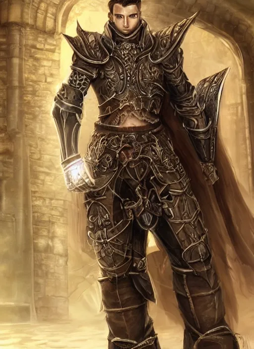 Prompt: a detailed airbrush full body and face portrait of a male fantasy character infront of castle gates, pinterest, baldur's gate, pathfinder, dynamic lighting, ambient lighting, devianart