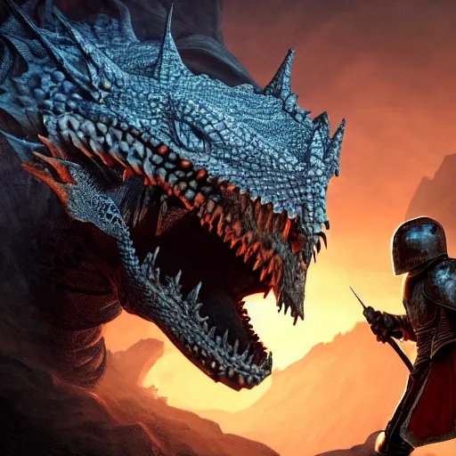 Image similar to photo of an armored knight confronting a large red scaly dragon sleeping on a mountain of human bones in a dark dusty cave with a ray of light shining on it\'s face. The knight is very small in comparison to the dragon. The cave shines with gemstones and gold. Very detailed 8k. fantasy